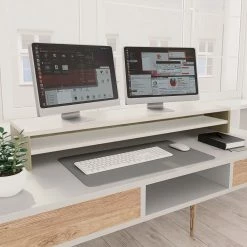 Promo 👍 Monitor Stand White and Sonoma Oak 100x24x13 cm Chipboard 🥰