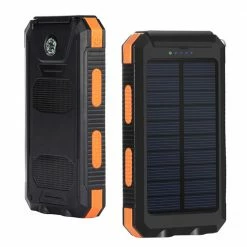 Flash Sale 😀 Waterproof 20000mAh Solar Power Bank with Compass, Portable Mobile Phone Charger Battery Pack, 2 USB Outputs, LED Lights - Orange + Black 👍